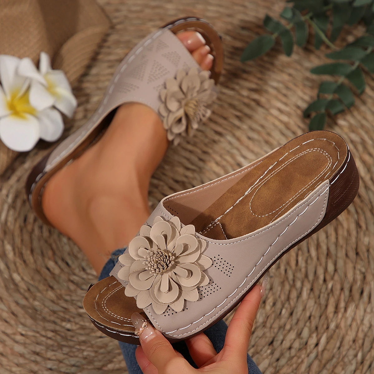 Women’s Wedge Slide Sandals with Floral Detail