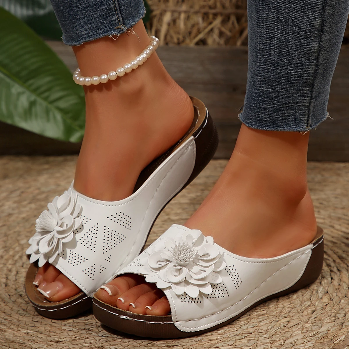 Women’s Wedge Slide Sandals with Floral Detail