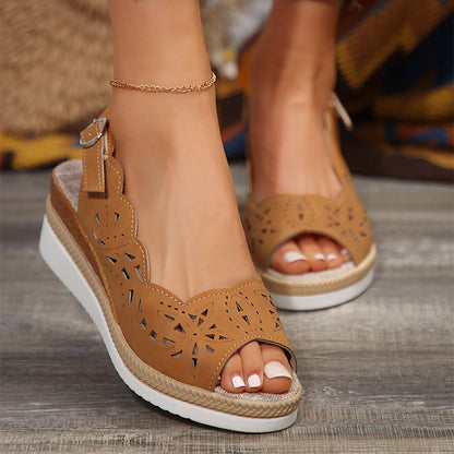 Women’s Cut-Out Wedge Sandals with Buckle Strap
