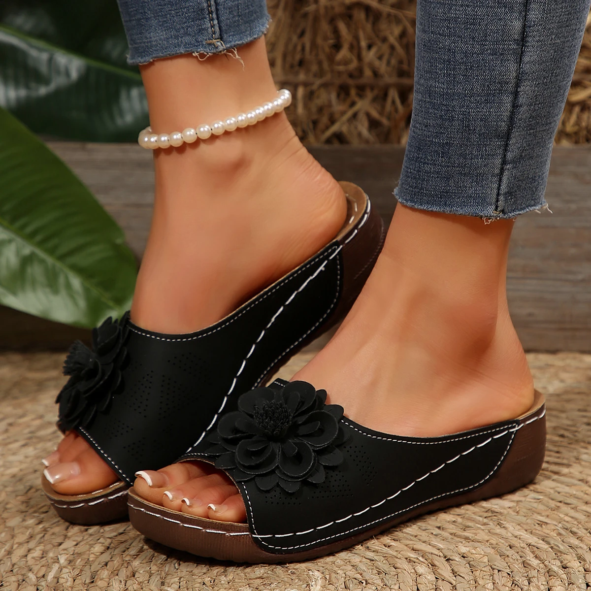 Women’s Wedge Slide Sandals with Floral Detail
