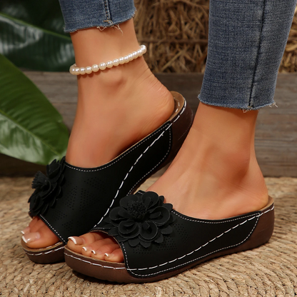 Women’s Wedge Slide Sandals with Floral Detail