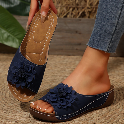 Women’s Wedge Slide Sandals with Floral Detail