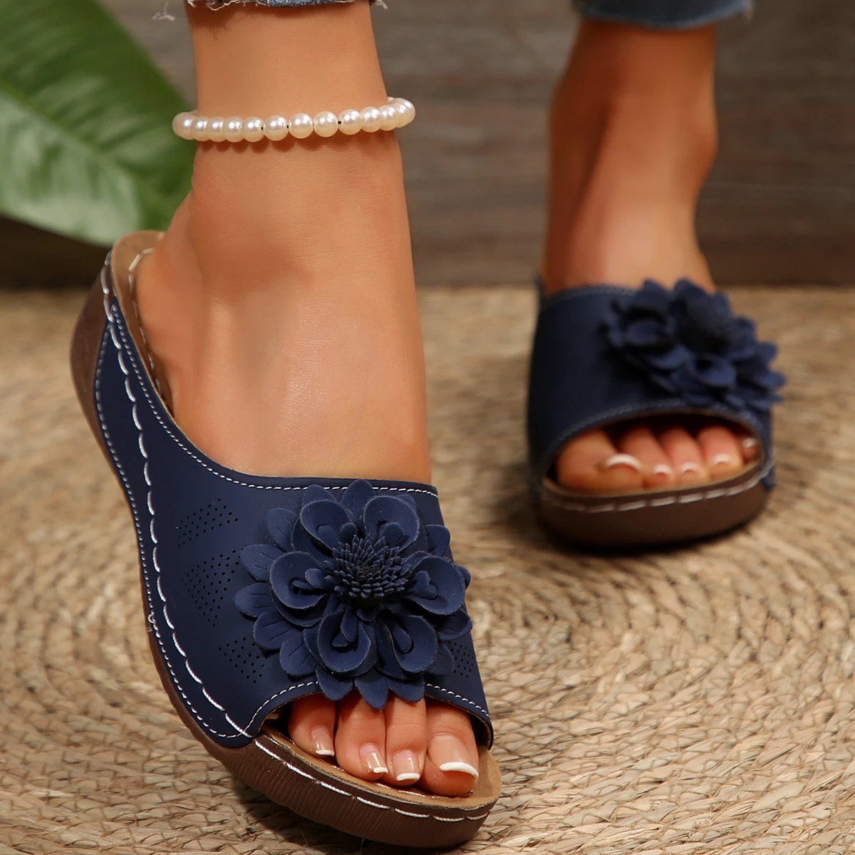 Women’s Wedge Slide Sandals with Floral Detail
