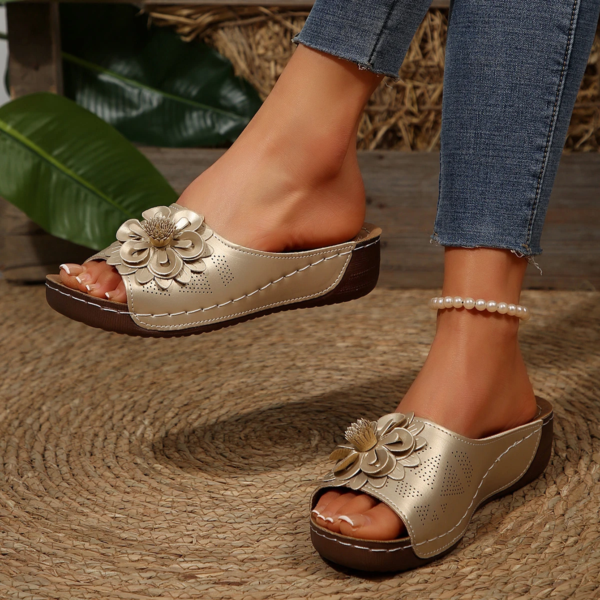 Women’s Wedge Slide Sandals with Floral Detail