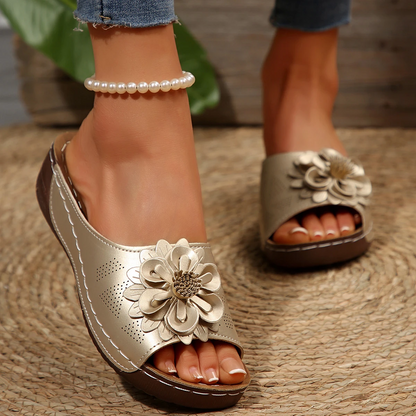 Women’s Wedge Slide Sandals with Floral Detail