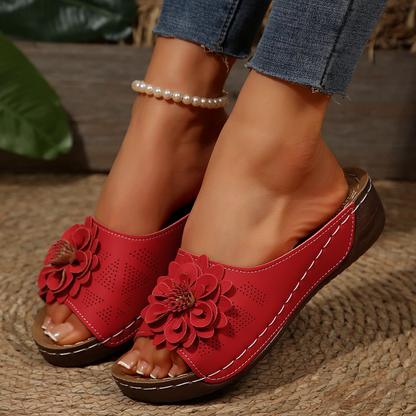 Women’s Wedge Slide Sandals with Floral Detail