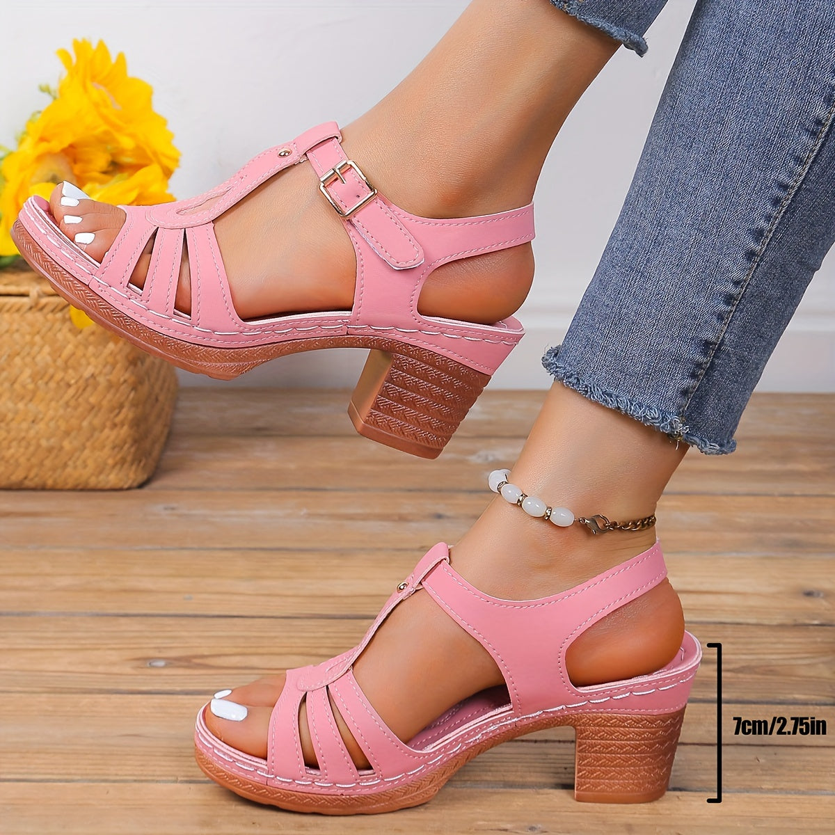 Solid T-Strap Heeled Sandals for Women