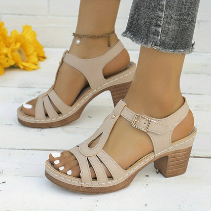 Solid T-Strap Heeled Sandals for Women