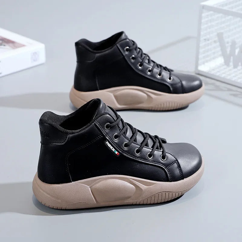 Thick-Soled Leather Ankle Boots for Women