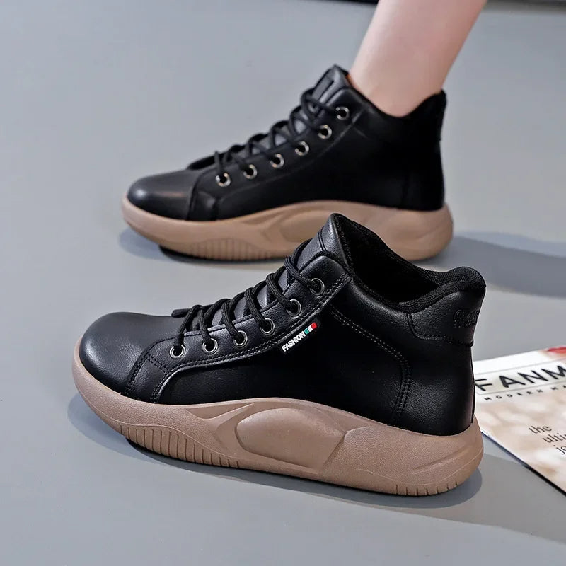 Thick-Soled Leather Ankle Boots for Women